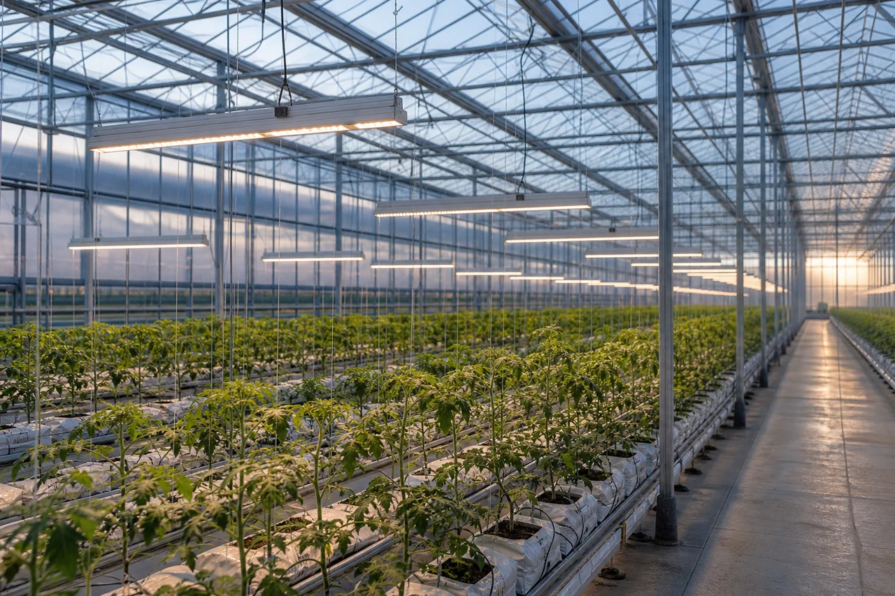 Glass greenhouse with supplemental LED fixtures over tomato rows